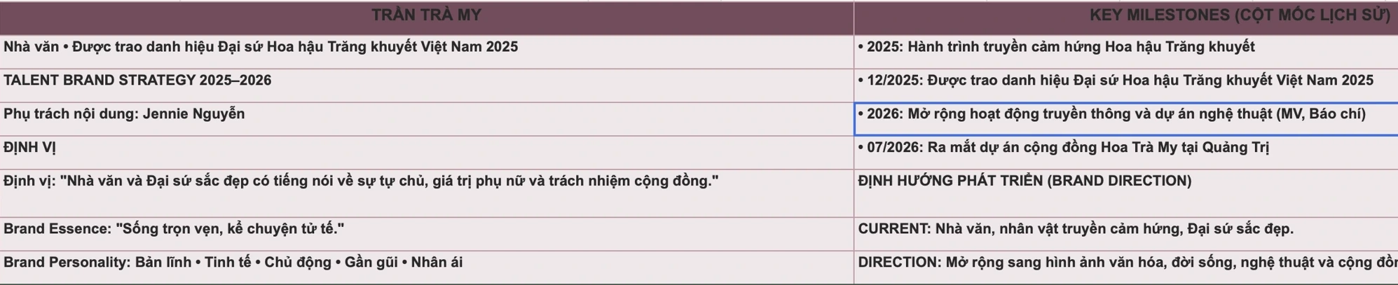Kế hoạch định vị thương hiệu cá nhân Trần Trà My.